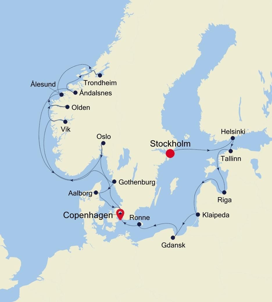 Northern Europe Special Voyage: Stockholm to Copenhagen Itinerary Map